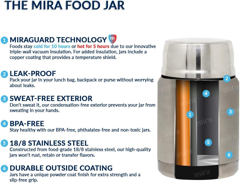 MIRA 15 oz Insulated Food Thermos for hot and cold foods - Leak-Proof Stainless Steel Container with Spoon - Hawaiian Blue