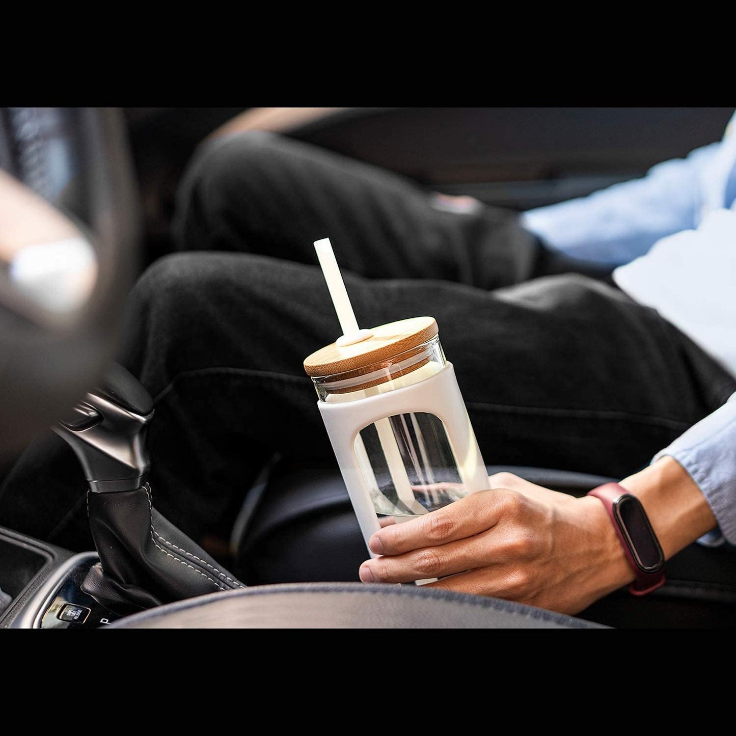 Kodrine 20oz Glass Tumbler with Straw and Lid, Bamboo Lids Water Bottle, Reusable Iced Coffee Cups, Wide Mouth Smoothie Cup with Protective Silicone Sleeve BPA FREE-Black-2pack