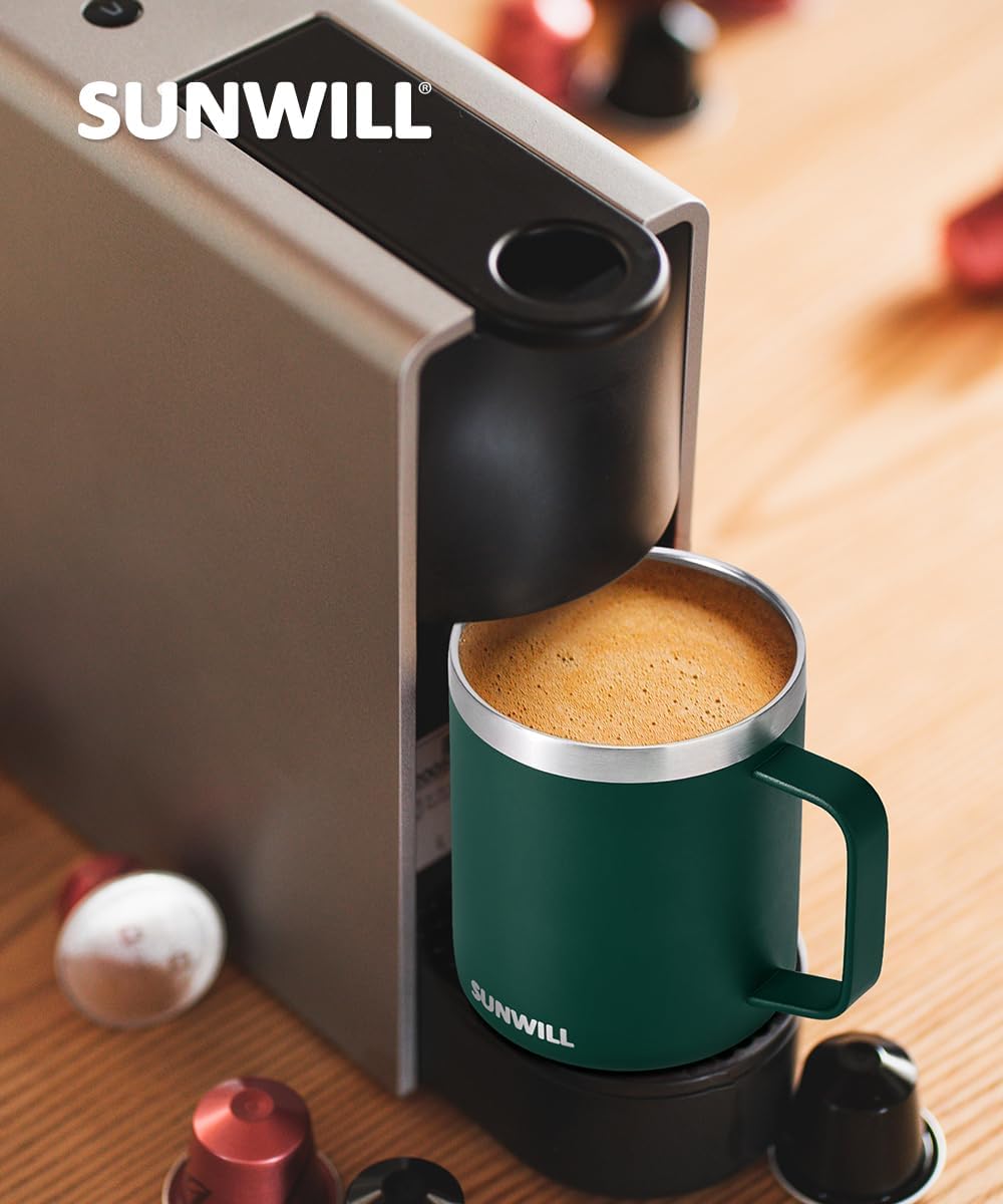 SUNWILL Travel Coffee Mug Set of 2, Insulated Tumbler with Lid, 14 oz Stainless Steel Cup with Handle for Camping, Office, Home, Powder Coated Forest Green & Plum
