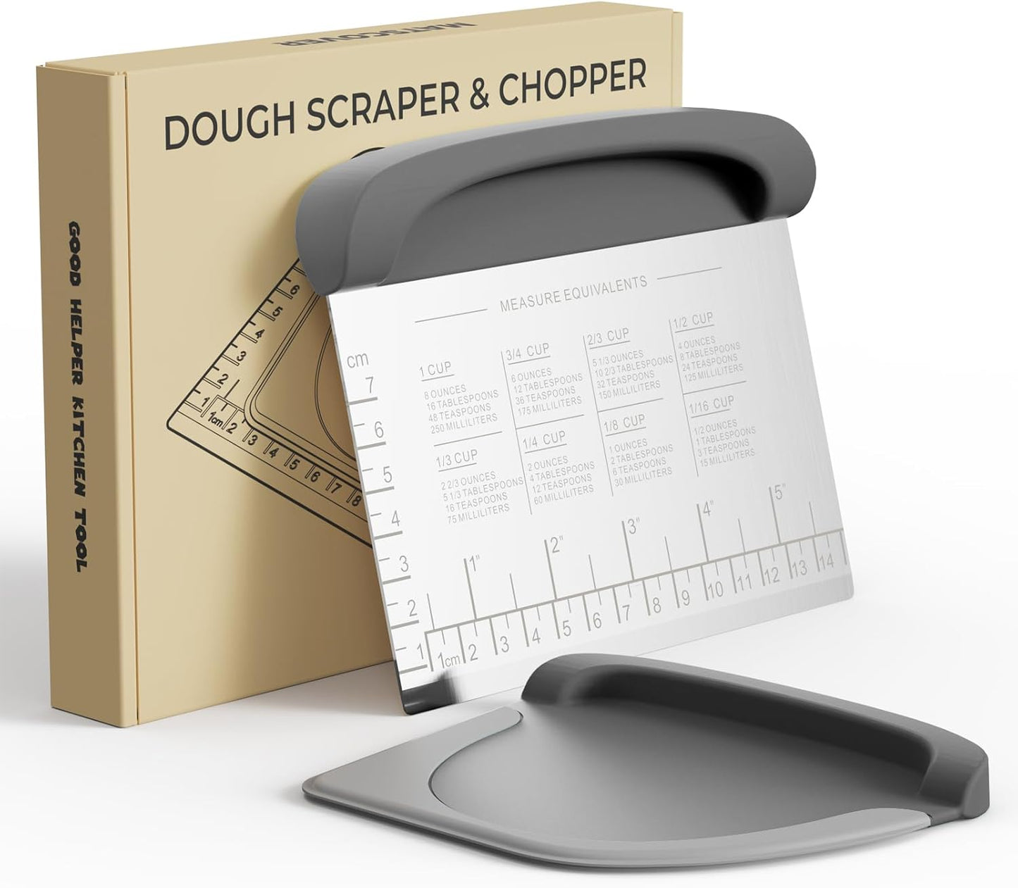 Bench Scraper Dough Cutter Tool - Bowl Pastry Scraper for Bread Cake Pizza, Bench Knife Kitchen Dough Scraper for Baking, Stainless Steel Food Scraper with Grip Handles & Measuring Scale, Grey, Gray