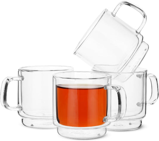 BTaT- Stackable Double Wall Glass Cups, Set of 4 (8 oz, 240 ml), Tea and Coffee Mugs, Cappuccino, Latte Cups, Clear