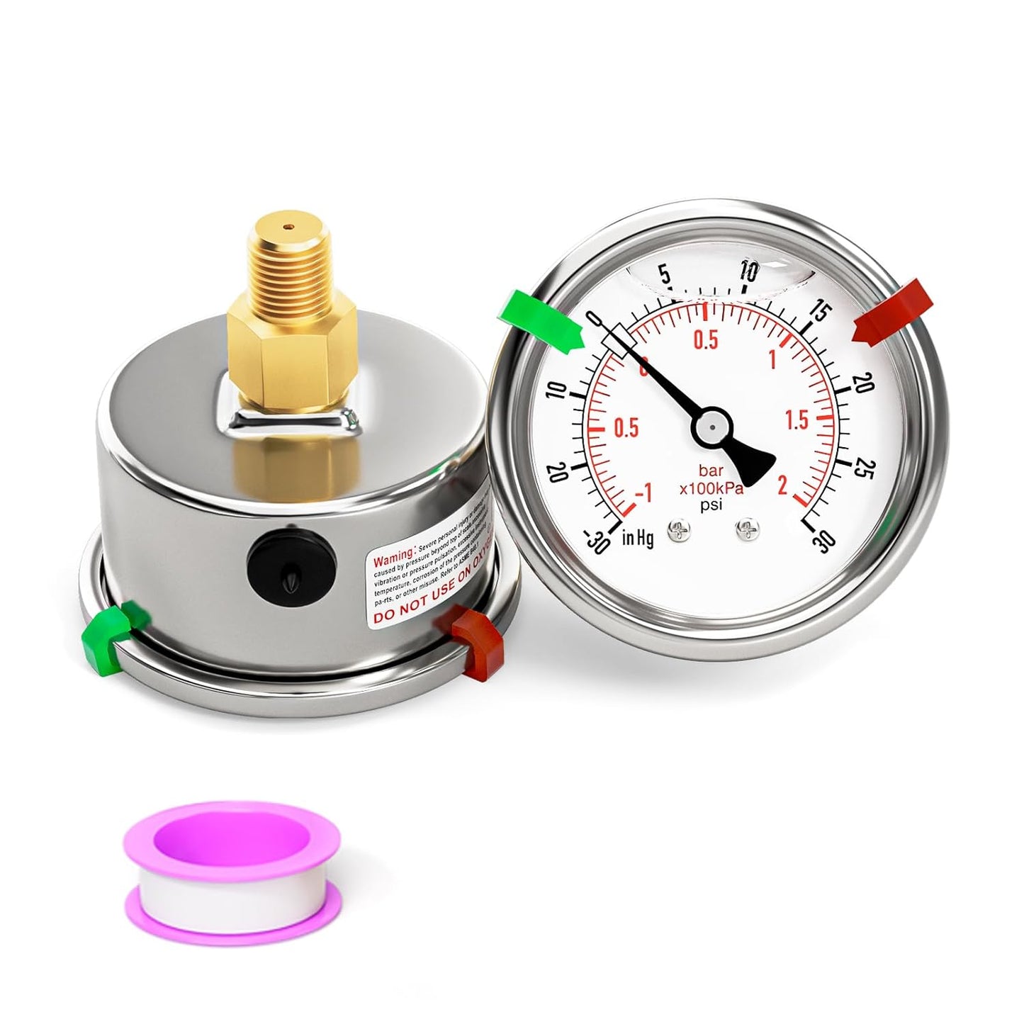 '-30inHG-30PSI Stainless Steel Liquid Filled Pressure Gauge, 2.5" Dial Size, 1/8" NPT Back Mount, for Tube, Water Pump, Gas, Liquid, Pressure Test (with Range Mark Pointer)