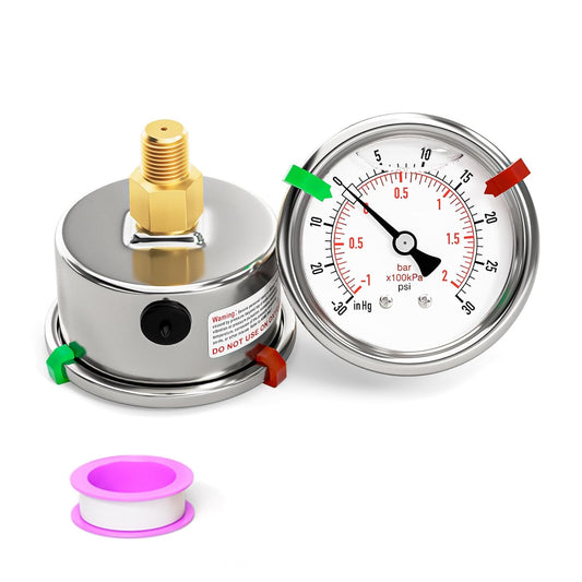 '-30inHG-30PSI Stainless Steel Liquid Filled Pressure Gauge, 2.5" Dial Size, 1/8" NPT Back Mount, for Tube, Water Pump, Gas, Liquid, Pressure Test (with Range Mark Pointer)