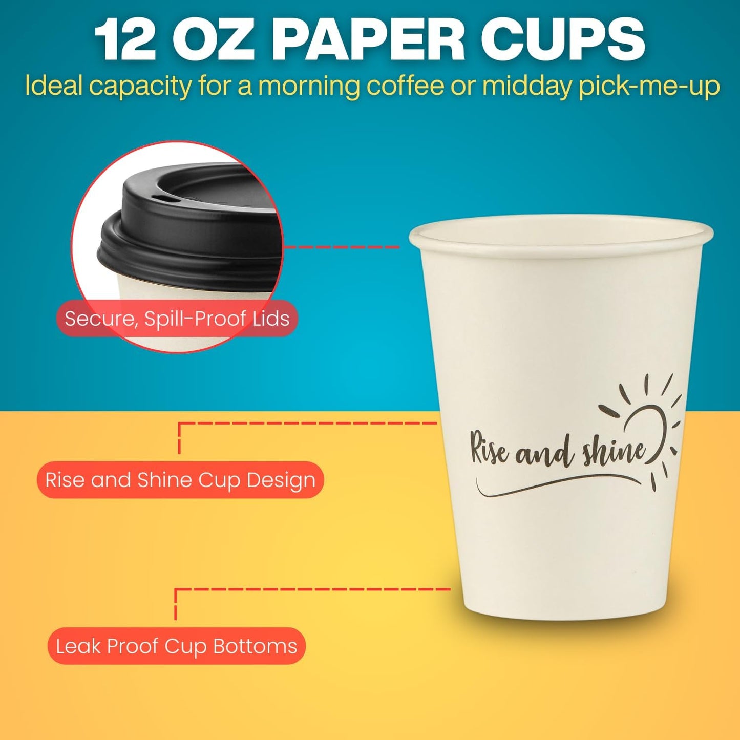 Smygoods Disposable Coffee Cups with Lids, To Go Paper Hot Cups, Rise and Shine Design (12 OZ, 100 Count) For Hot Beverages, Coffee, Tea, Espresso, Cocoa - Vasos Para Cafe