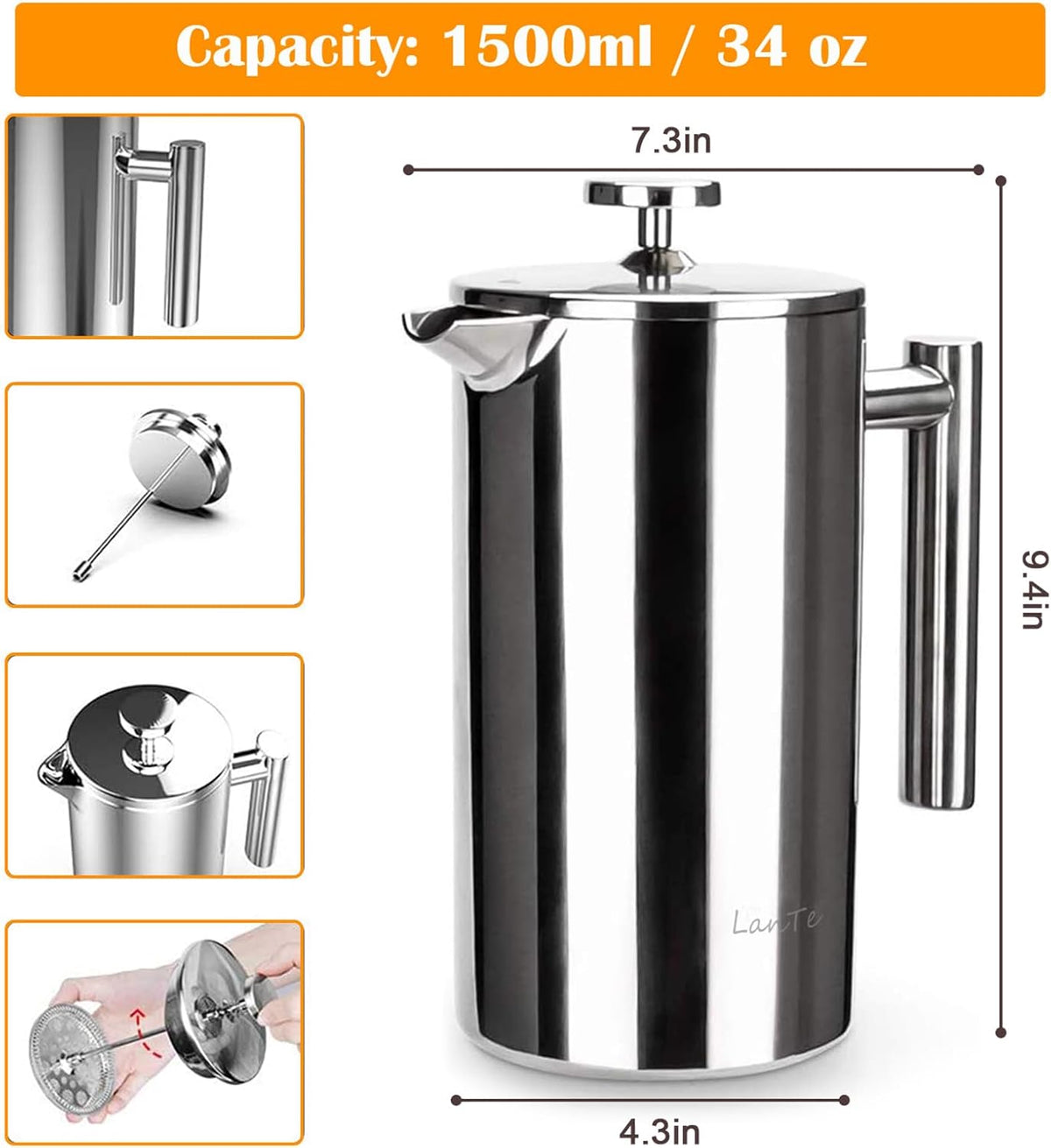 French Press Coffee Maker, 1.5L Double Insulated 304 Stainless Steel Tea Maker 4 Level Filtration System, No Coffee Grounds, Rust-Free, Dishwasher Safe 50oz Coffee Press for Family Party