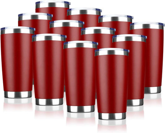 20oz Tumbler Bulk Stainless Steel Vacuum Insulated Tumblers with Lid Double Wall Travel Mug, Durable Powder Coated Coffee Cup, Suitable for Ice Drinks and Hot Beverage (Red 12pack)