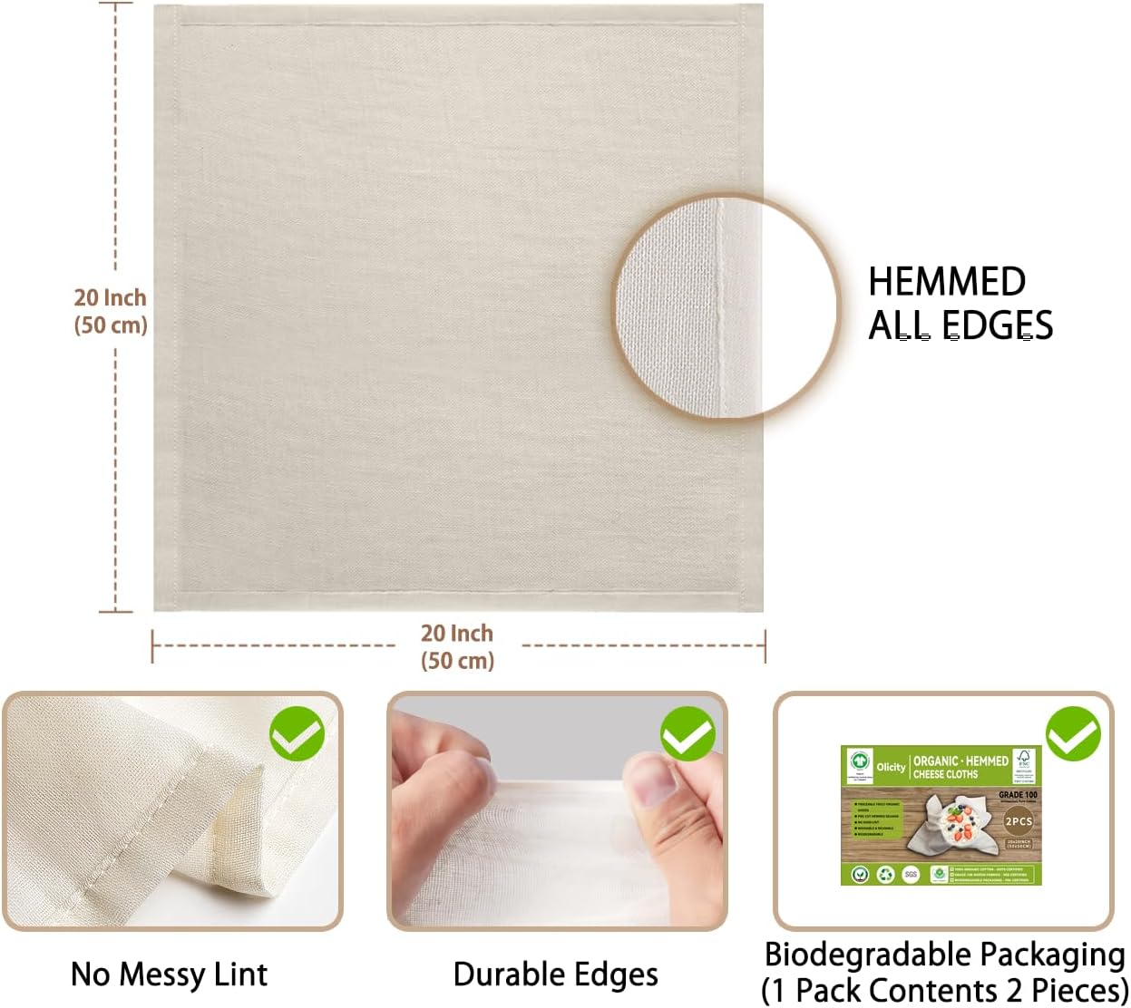 Organic Cheese Cloths, GOTS Certified, 2PCS, Grade 100, 20x20Inch Hemmed Cheese Cloth Reusable Muslin Cheesecloth for Straining, 100% Cotton Unbleached Fine Mesh Cloth Cheese Cloths for Cooking, Herbs