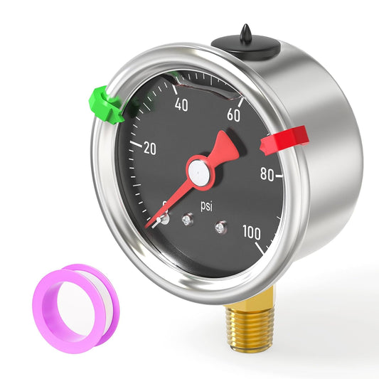 0-100PSI Stainless Steel Glycerin Filled Pressure Gauge 1.5" Black Dial Size, 1/8" NPT Lower Mount, for Tube, Water Pump, Gas, Liquid, Pressure Test (with Range Mark Pointer)