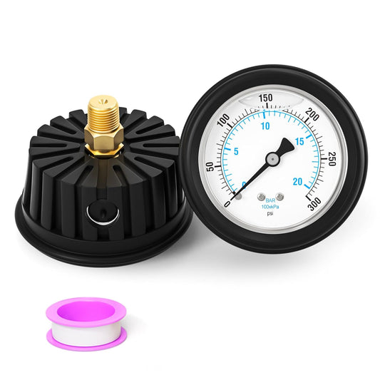 0-300PSI Stainless Steel Liquid Filled Pressure Gauge, 2.5" Dial Size, 1/4" NPT Back Mount, with Rubber Protective Sleeve, for Tube, Water Pump, Gas, Liquid, Pressure Test