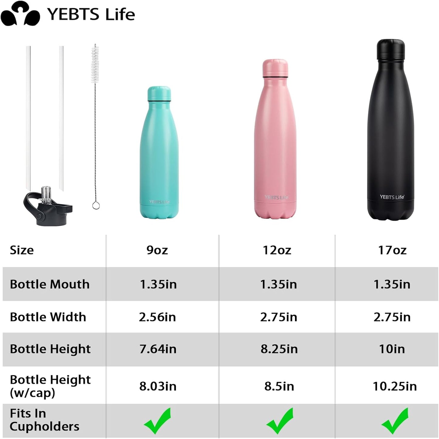 Insulated Water Bottle,2 Pack-12oz Stainless Steel Water Bottles with straw lid,Metal Sports Water Bottles for Boys,Girls,Double Wall Vacuum BPA-Free Flask for School, Sports (Black-Sliver)