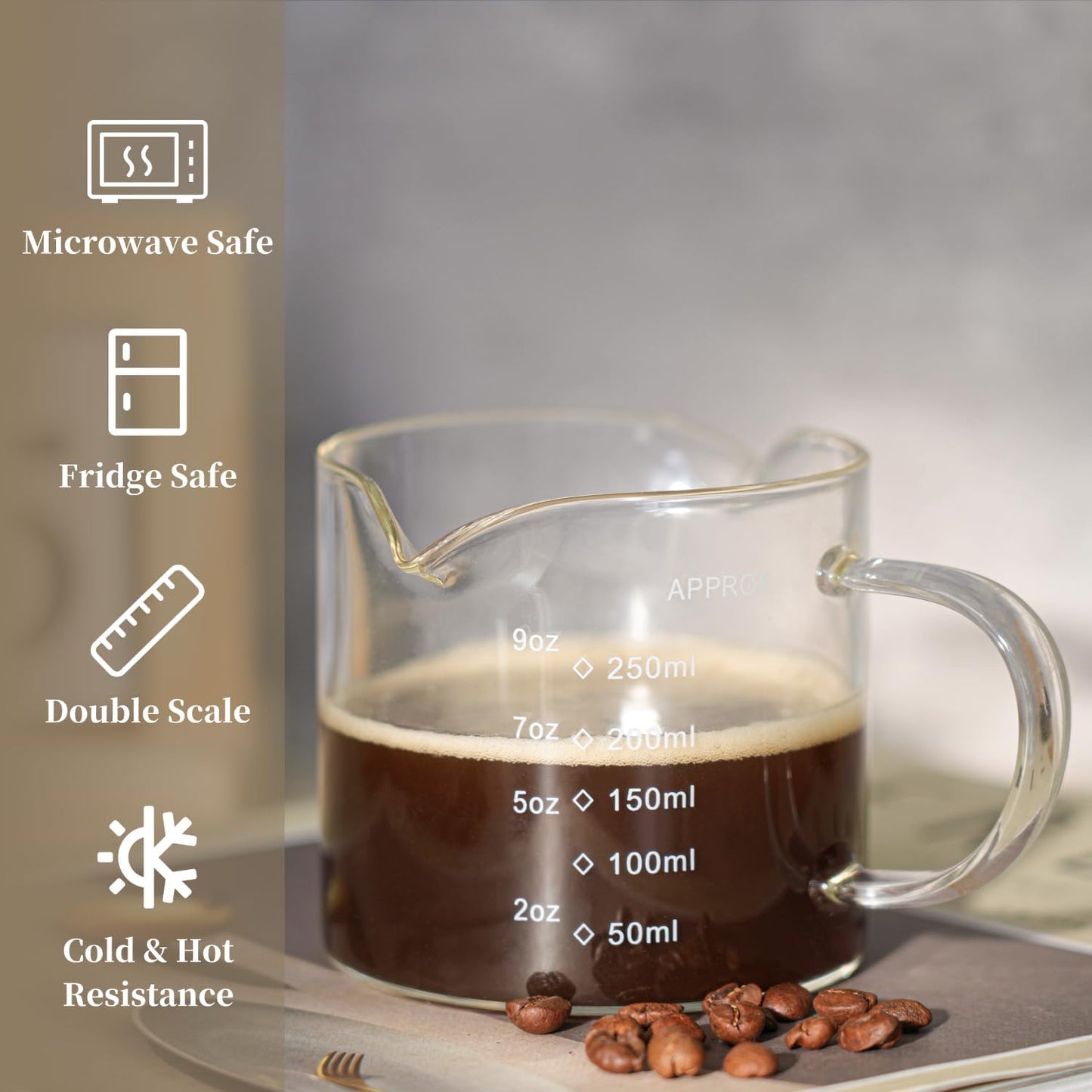 1 Pack 250ML/8.5OZ Measuring Cup Espresso Shot Glasses Double Spouts Large Coffee Cup with Handle Triple Pitcher Milk Cup Parts Clear Glass By BCnmviku