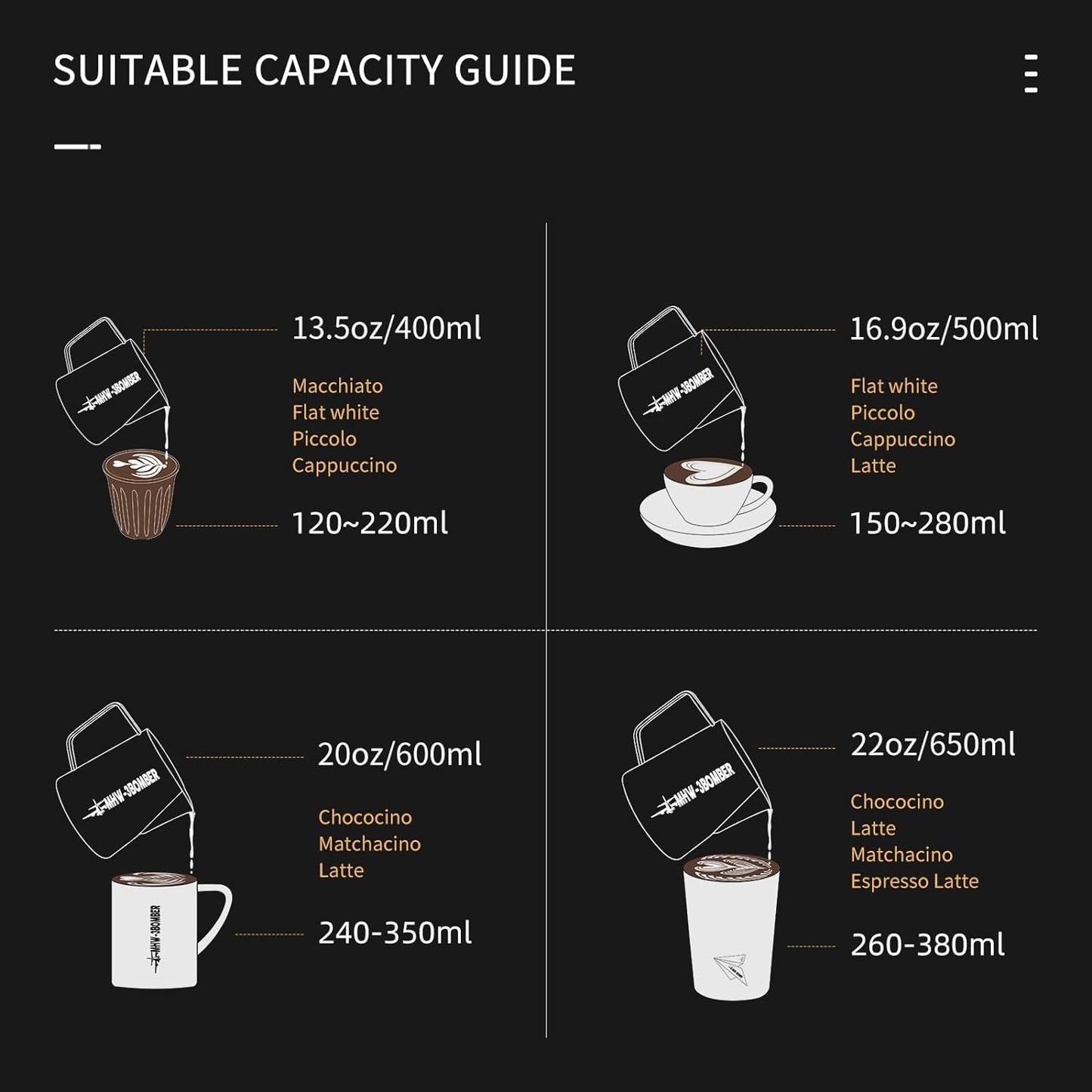 MHW-3BOMBER Espresso Steaming Pitcher Milk Frothing Pitcher Stainless Steel Milk Coffee Cappuccino Latte Art Barista Cup 13.5oz/400ml (Glossy) P5001S-OS