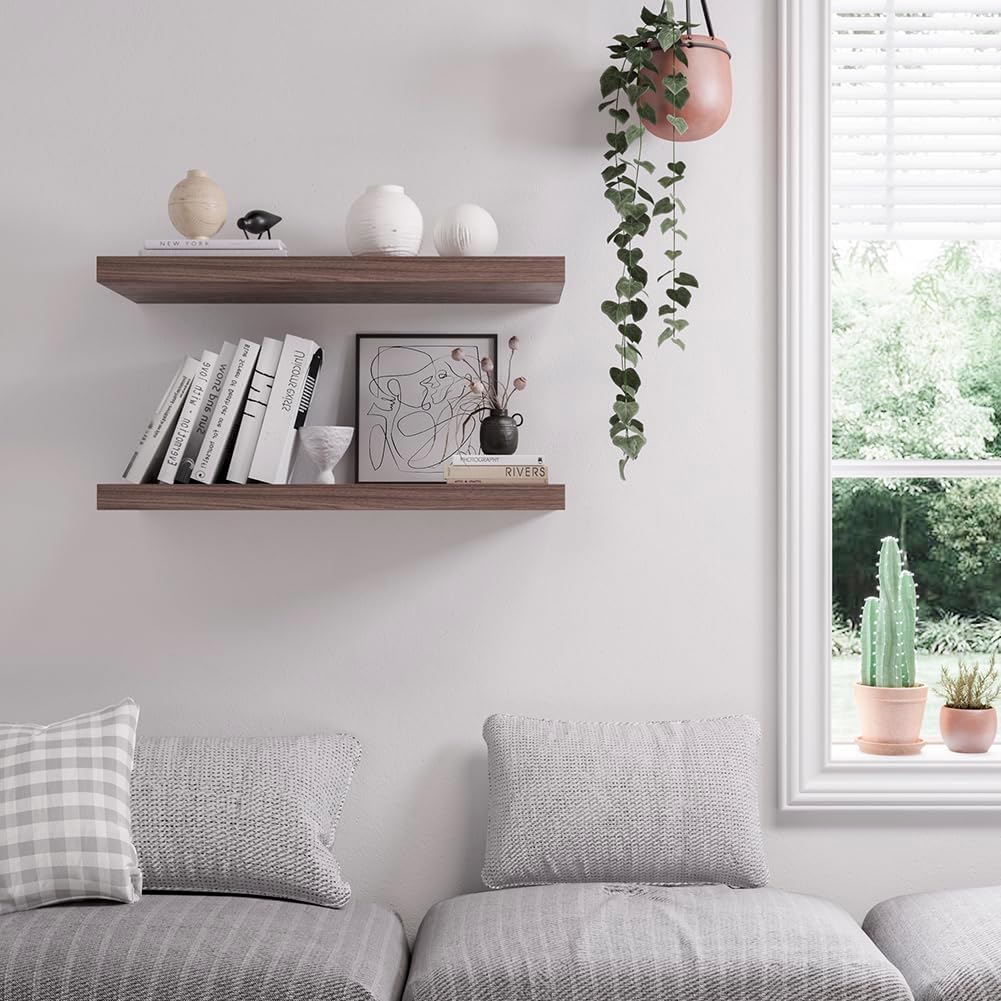 Floating Shelf, Set of 1 Wall Shelf, 30 in W x 12.75 in D x 2 in H Wooden Floating Wall Shelf with Invisible Brackets for Living Room/Bedroom/Bathroom/Kitchen Storage and Decor, Walnut