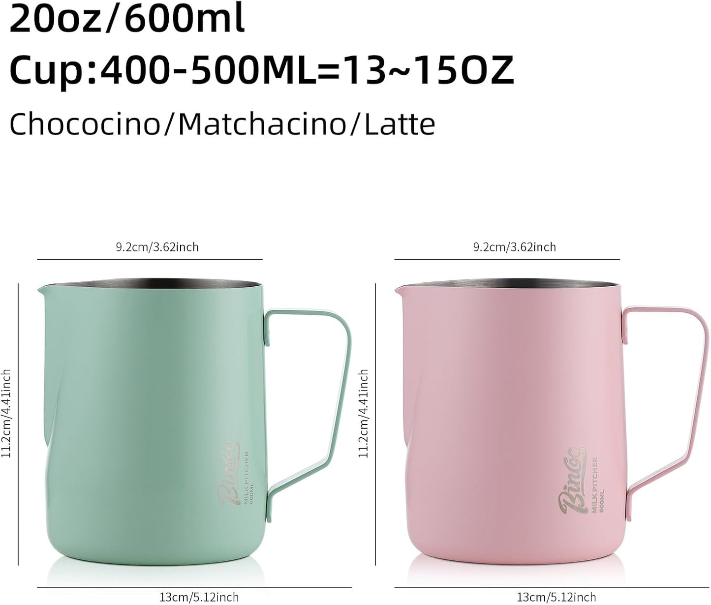 Milk Frothing Pitcher - 600ml/20oz Milk Frother Cup Espresso Steaming Pitcher for Barista, Bincoo SUS304 Stainless Steel Espresso Steaming Pitchers for Latte Art/Cappuccino/Coffee/Milk (Green-600ml)