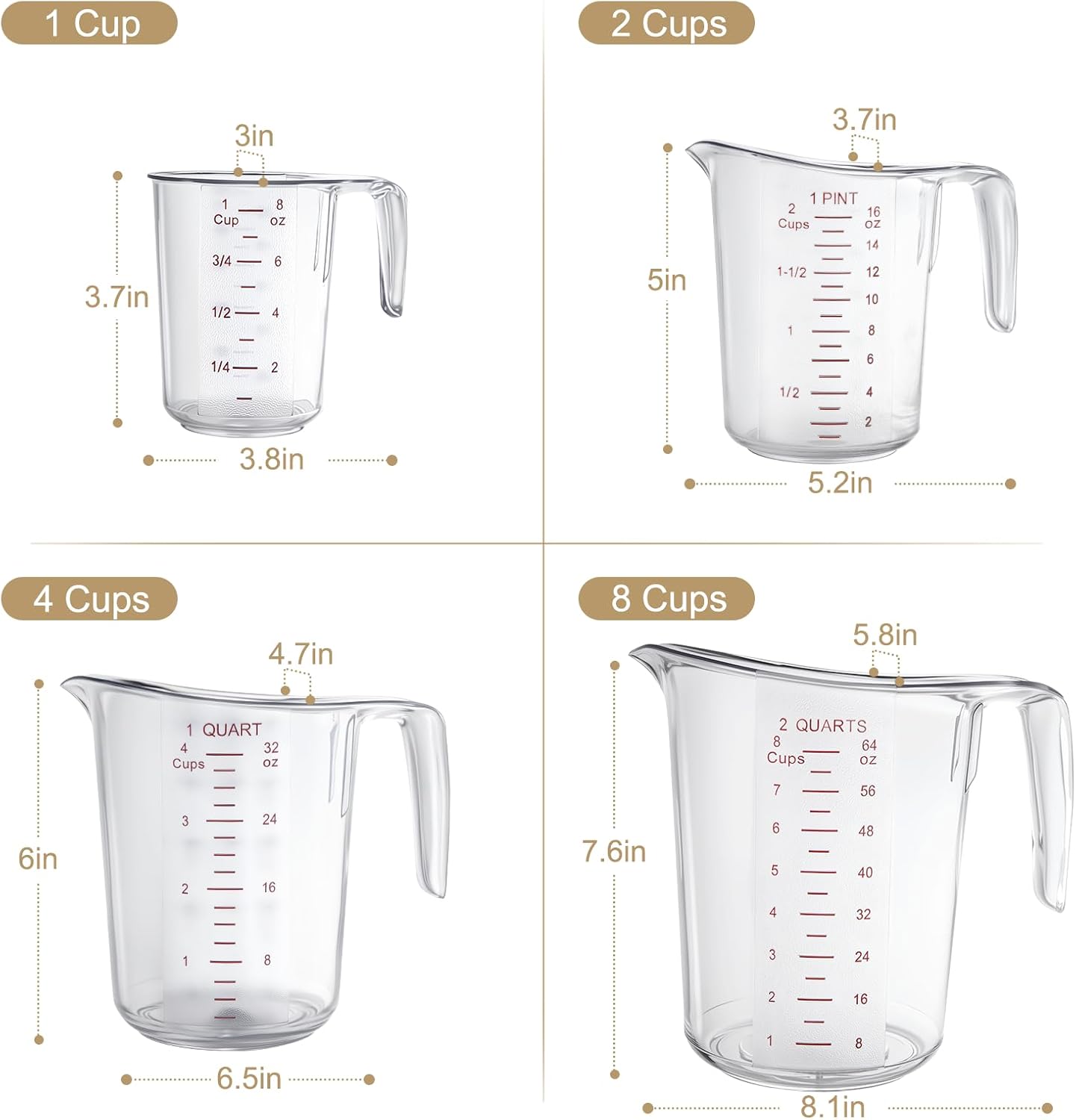DaYammi Measuring Cups 4-Piece, Unbreakable Food-Grade Plastic Measuring Cup for Dishwasher, 1/2/4/8-Cup Nesting Liquid Measuring Cups for Prepping, Baking, Cooking, Readable Markings, Clear