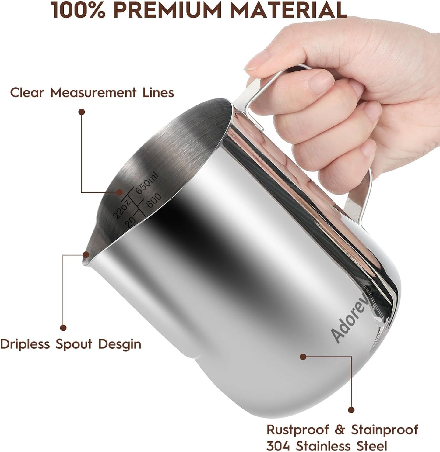 Milk Frothing Pitcher, 22oz 650ml Milk Frother Cup Stainless Steel Steaming Pitcher, Coffee Bar Cappuccino Espresso Machine Accessories Barista Tools, Metal Steamer Cup Mug Milk Jug with Latte Art Pen
