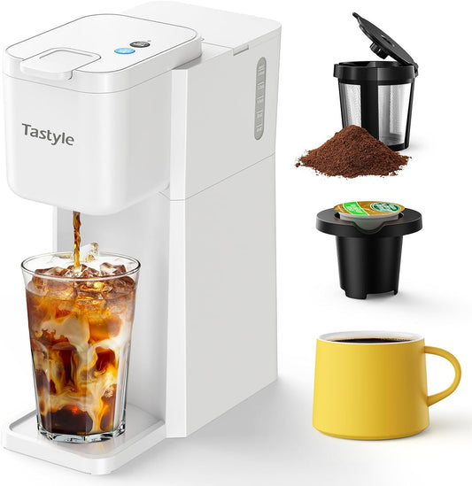 Mini Hot and Iced Coffee Maker Single Serve, for K Cup and Ground, 6 to 14 Oz Brew Sizes, with Recipe Book, for Home, Travel, RV, Office and Dorm, Pearl White
