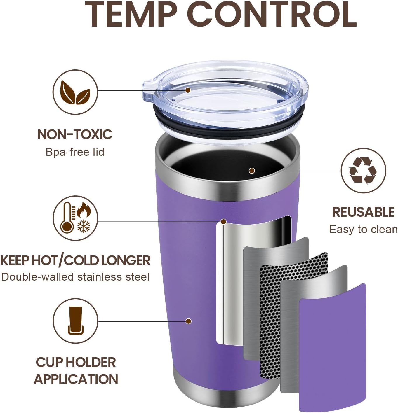 MEWAY 20oz Tumbler Cup Double Wall Vacuum Insulated Travel Mug Bulk, Stainless Steel Tumblers with Lid and Straw, Durable Powder Coated Coffee Cups for Cold & Hot Drinks (Purple, 1)
