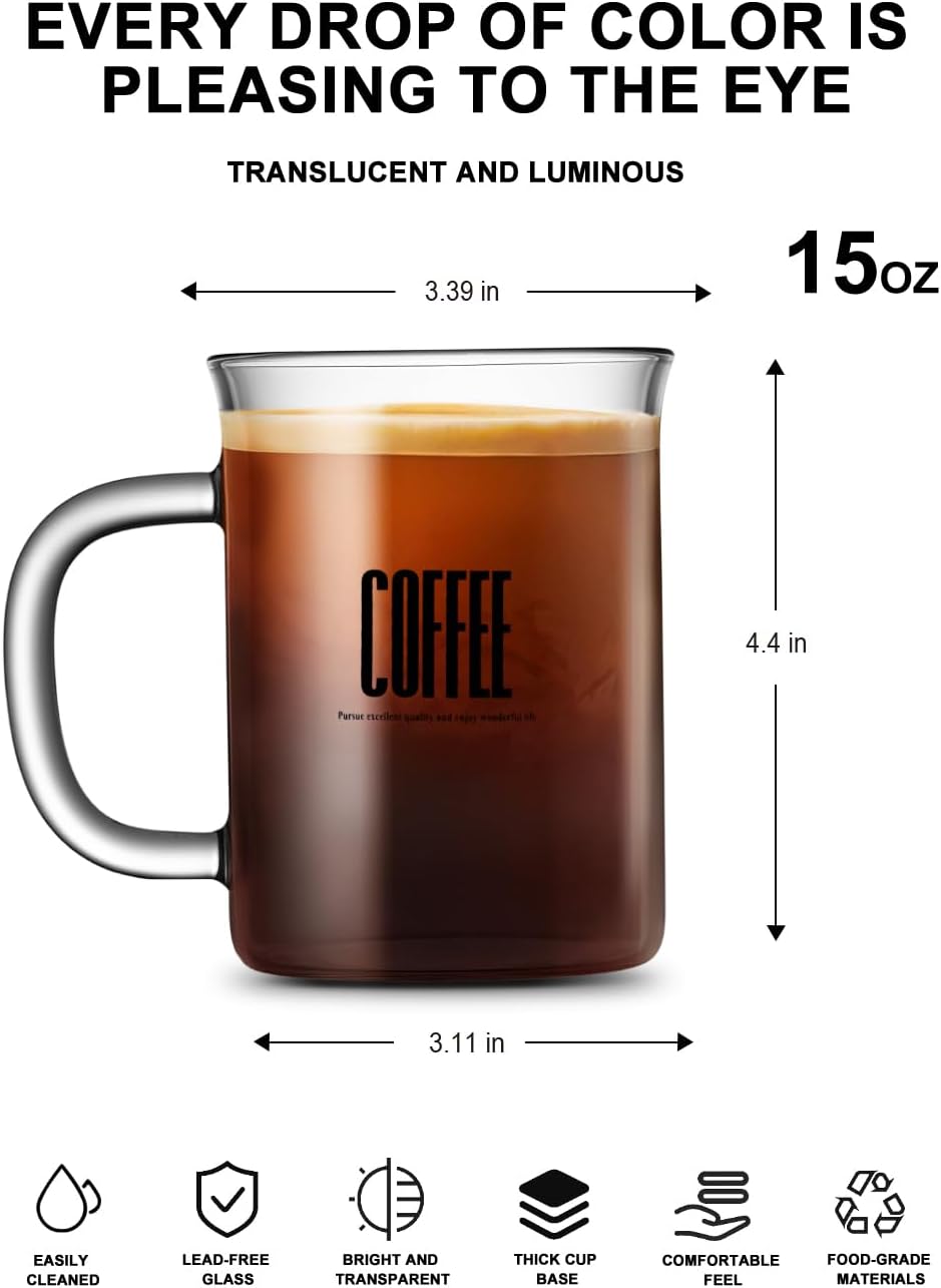 LUXU Borosilicate Glass Coffee Mugs (Set of 2)-15 oz,Clear Tea Cups,Lead-free Drinking Glasses with Handle,Perfect for Latte,Americano,Cappuccino,Tea Bags,Water,Milk and Hot and Cold Beverage