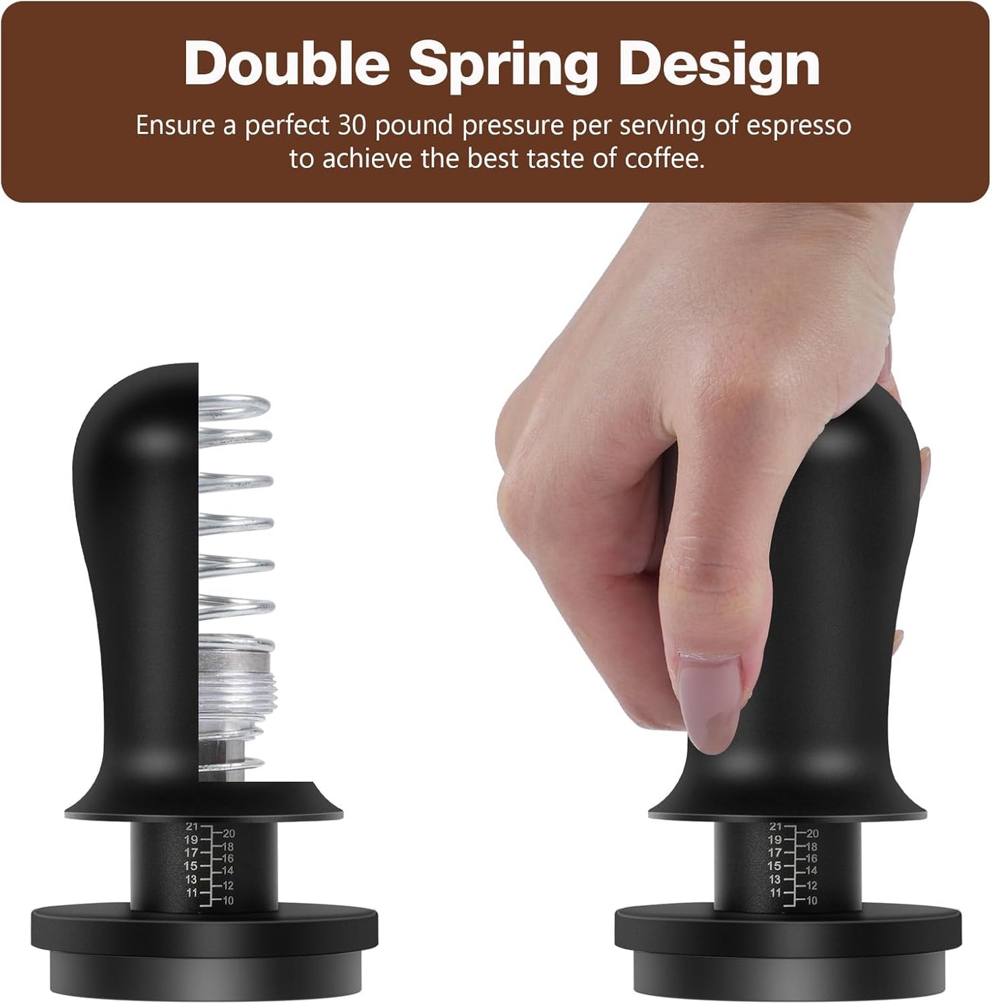 PUSEE 53.3mm Espresso Coffee Tamper with Double Spring Calibrated, Handle Tamper 30lbs Pressure with Titanium Coating Stainless Steel Ripple for Espresso Machine Accessories 53.3mm Tamper, Black