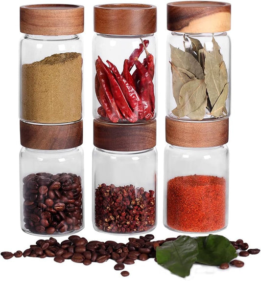 SAIOOL 6 Pcs Small Glass Spice Jars with Label,High Sealing Threaded Mouth,with Black Printed Spice Labels - 8.79oz /260ml*6,Empty Cylinder Spices Bottles,Storage Jars with Airtight Screw Lids