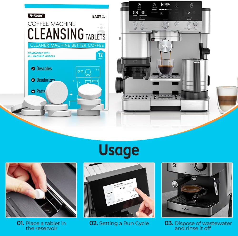 Y-Kelin Coffee Maker Cleaner And Descaler Tablets - 12Count Descaling & Cleaning Solution for Coffee Makers, Pot, Espresso Machines Removes Stains & Oils