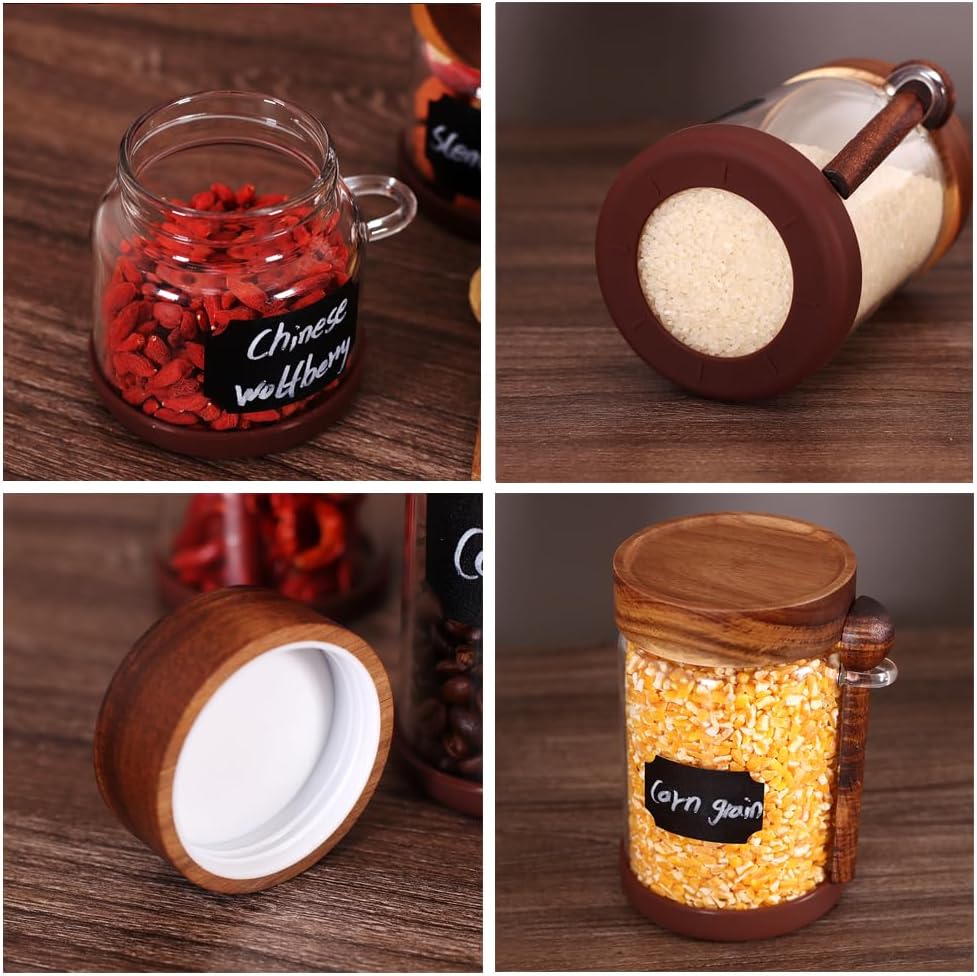 SAIOOL High Bprosilicate Glass 4 Pack Spice Jars with Label and Spoons,Overnight Oats Containers with Acacia Airtight Lids,Glass Food Storage Jars, Coffee Bar (Acacia 29.6 OZ*4)