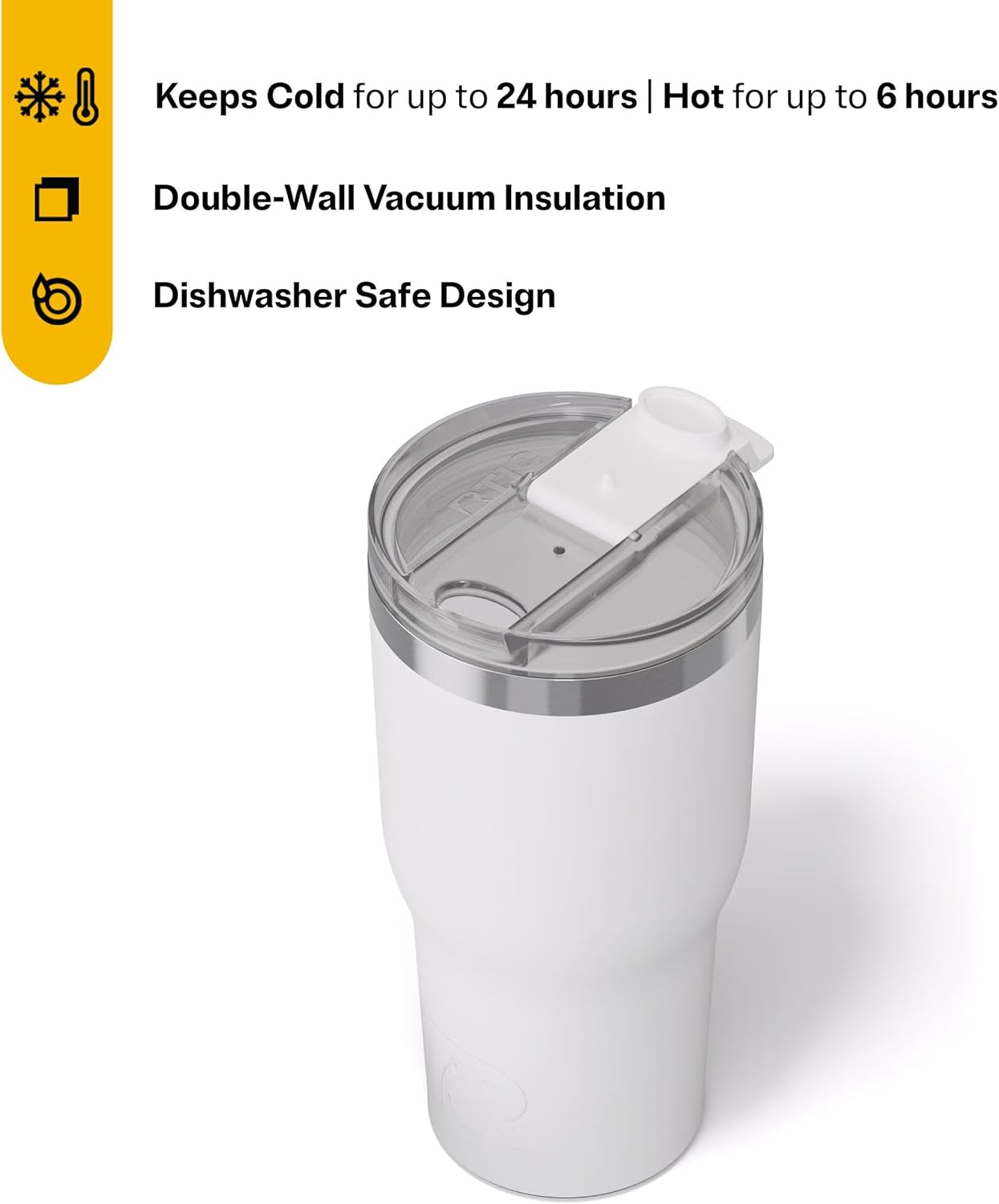 RTIC 30oz Essential Tumbler with Lid, Insulated, Stainless Steel, Metal, Double Wall Vacuum-Insulation, Ceramic Lined, Travel Cup for Iced Coffee, Tea, Hot and Cold Drink, White