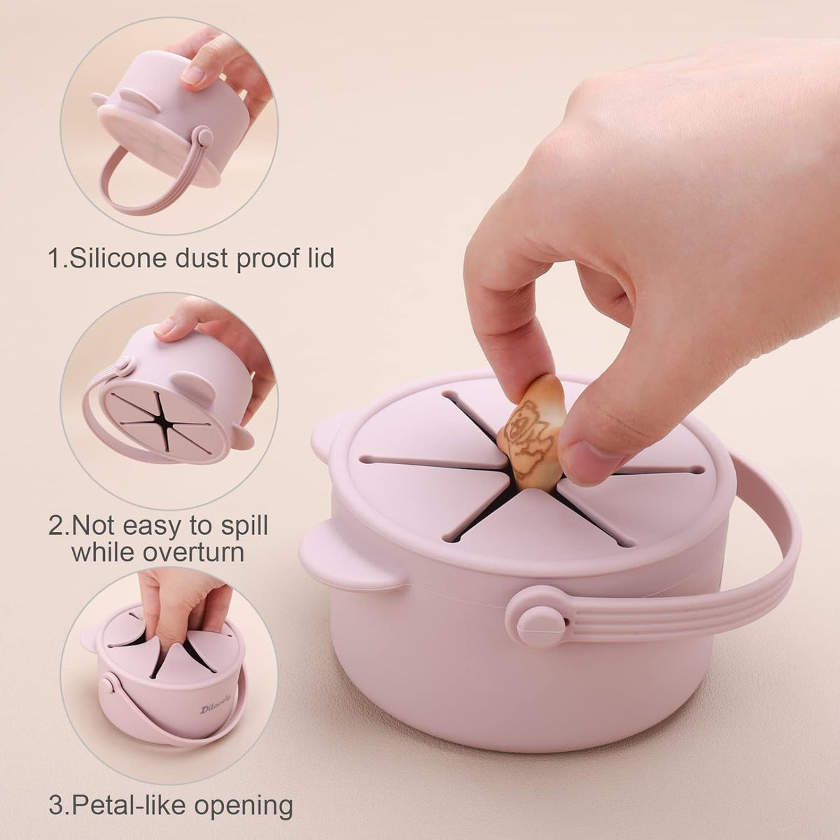 Snack Cups for Toddlers, Baby Snack Containers, Silicone Toddler Snack Cups No Spill, Food Catcher with Lid & Bucket-like Handle, BPA Free & Dishwasher Safe, 9 Ounce Lilac