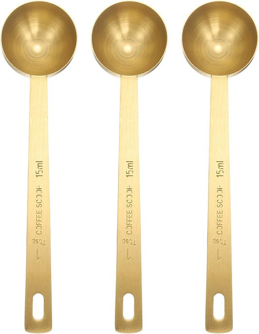 HARFINGTON 3pcs Coffee Scoop Spoon 1tbsp (3tsp, 15ml) 304 Stainless Steel Long Handle Teaspoon/Tablespoon Measuring Spoons Scoops for Tea Sugar Kitchen, Gold
