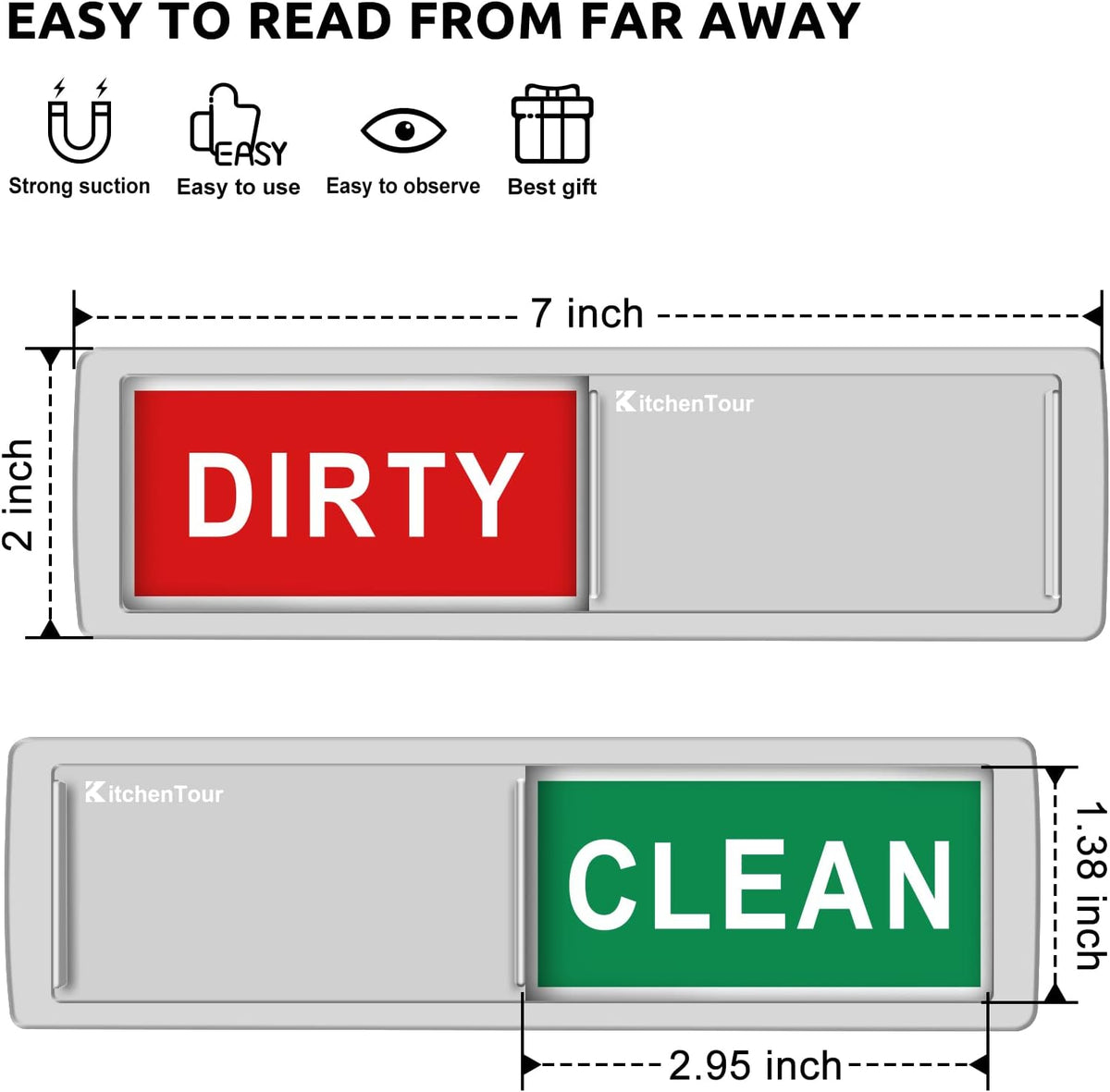 KitchenTour Clean Dirty Magnet for Dishwasher Upgrade Super Strong Magnet - Easy to Read Non-Scratch Magnetic Silver Indicator Sign with Clear, Bold & Colored Text Silver