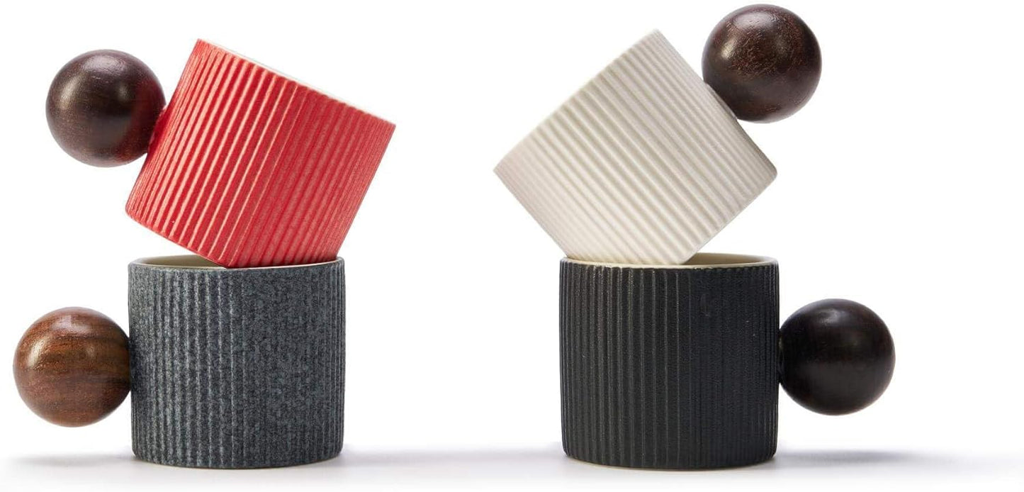 Ceramic Mini Espresso Cups Demitasse Cups with Round Wooden Handle Vertical Stripes Tea Cups (gray, 2pcs)