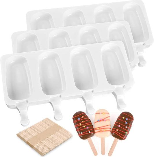 Sakolla 3 Pack Large Popsicle Molds 4 Cavities Cake Pop Silicone Molds Oval Ice Cream Cakesicle Molds for Homemade Ice Pop with 100 Wooden Sticks