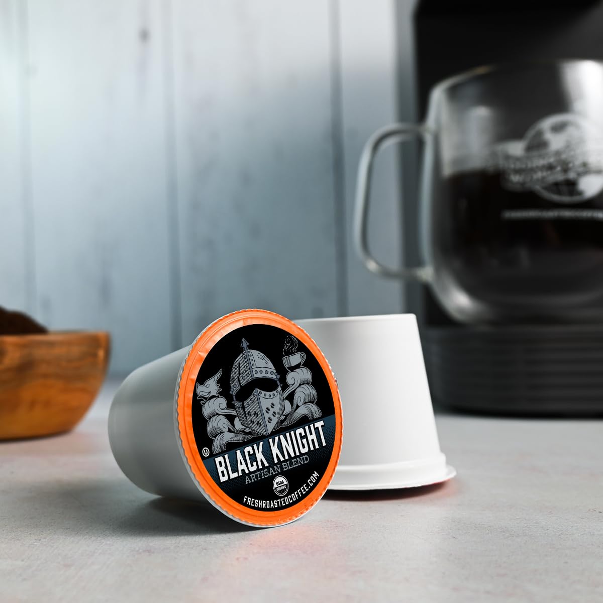 Fresh Roasted Coffee, Organic Black Knight | USDA Organic, Kosher | Dark Roast 24 Pods for K Cup Brewers