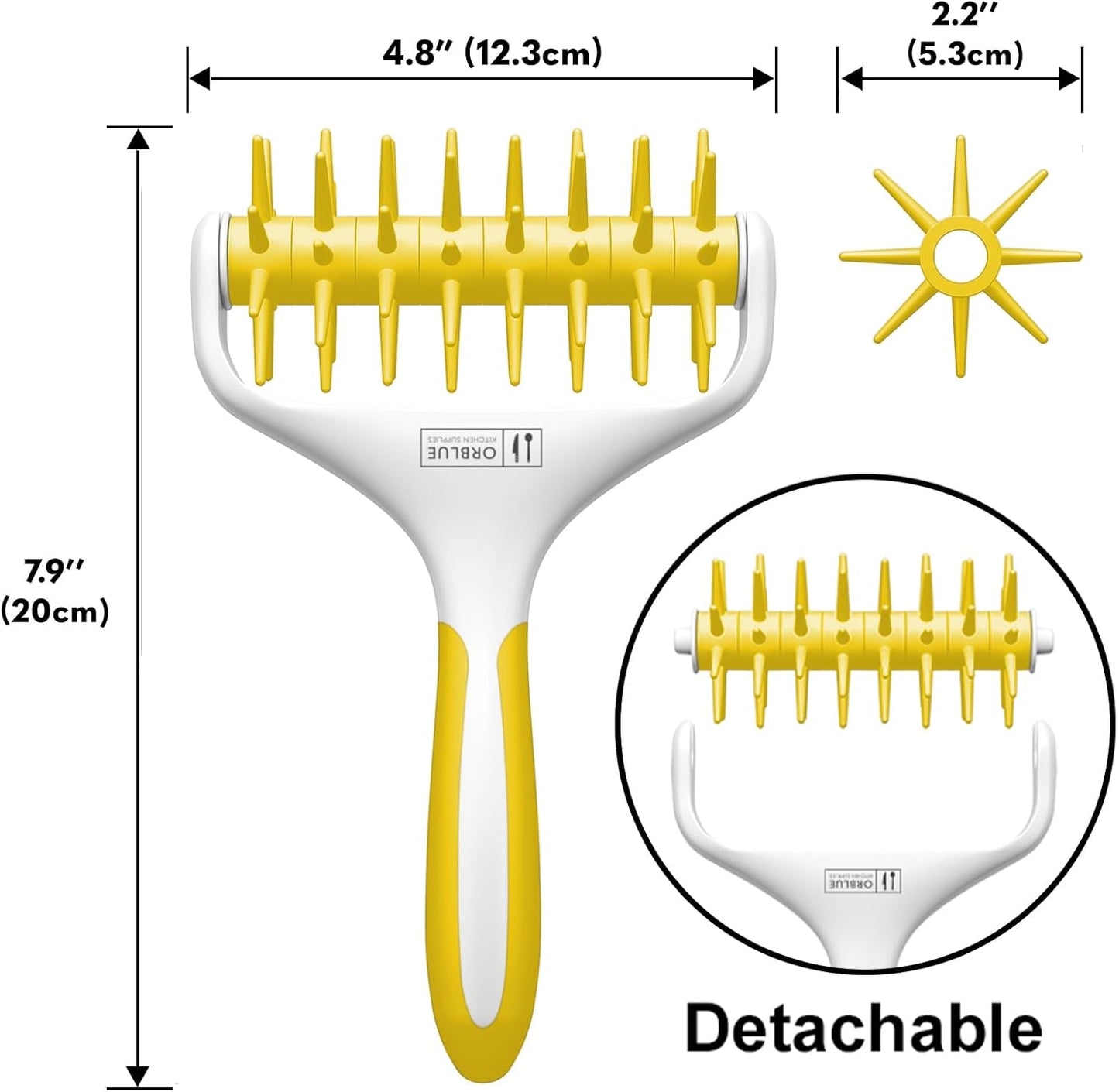 Orblue Pizza Dough Docker, Pastry Roller with Spikes, Pizza Docking Tool for Home & Commercial Kitchen - Pizza Making Accessories that Prevent Dough from Blistering, Yellow