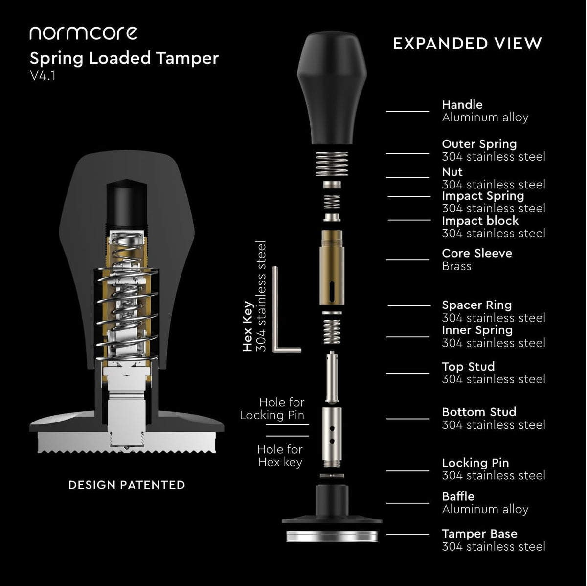 Normcore 58mm Espresso Coffee Tamper V4.1, Spring Loaded Tamper with 15lb/25lb/30lb Interchangeable Springs, Fit All Default 58mm Espresso Baskets, Not Specified to 58.5mm, White