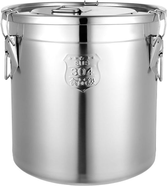 PERFERATE 304 Stainless Steel Airtight Canister 6L/12L Food Storage Bucket with Lids and Sturdy Locking Clamp Metal Cereal Rice Storage Container for Flour, Coffee Bean, Sugar, Cookie (33L)