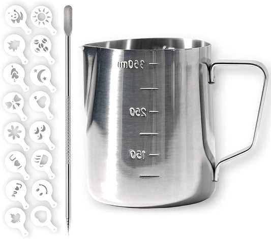 Milk Frothing Pitcher Steaming Pitchers Stainless Steel Milk/Coffee/Latte/Cappuccino Steam Pitchers Milk Jug Cup (350ml/12oz Set)