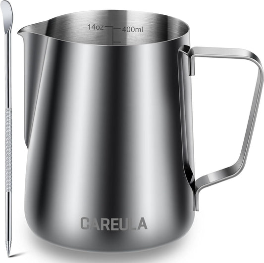 Milk Frothing Pitcher, 14oz 400ml Stainless Steel Milk Frother Cup Steaming Pitcher, Coffee Bar Cappuccino Espresso Machine Accessories Barista Tools, Metal Milk Jug with Latte Art Pen