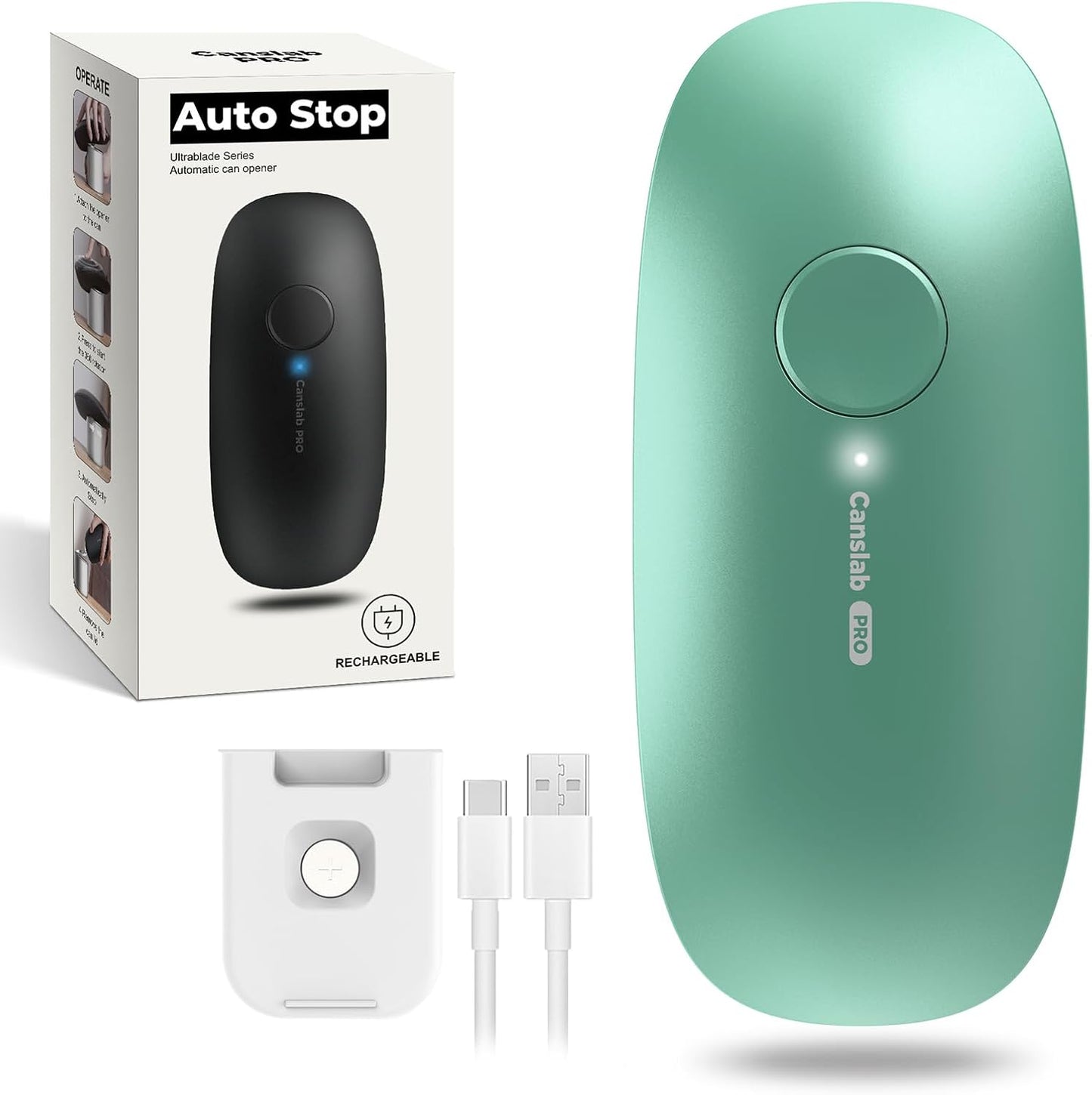 Ultrablade PRO Auto Stop Can Opener - Rechargeable Electric Can Opener for Kitchen for Seniors with Arthritis - One Touch Side Cut Opener, Smooth Edge, Handfree, Wall Mounted Small Size, Green