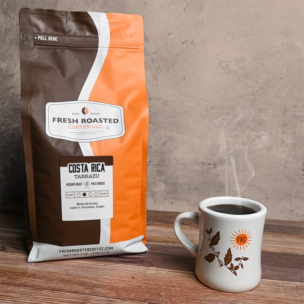 Fresh Roasted Coffee, 100% Costa Rican Tarrazu, 5 lb (80 oz), Medium Roast, Kosher, Whole Bean