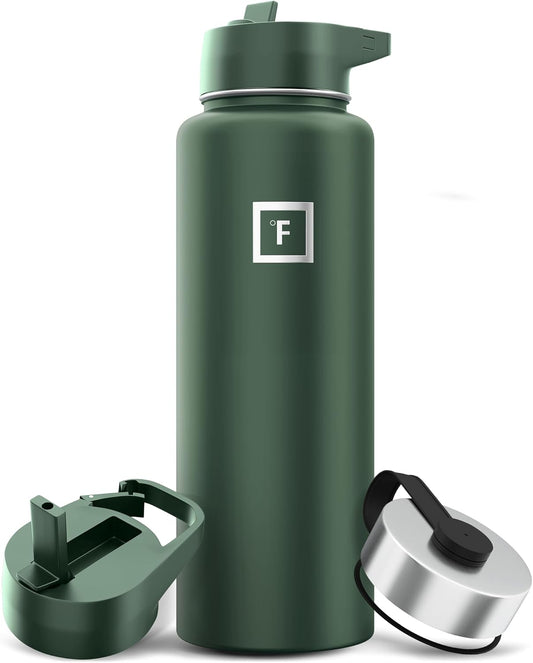 IRON °FLASK Camping & Hiking Hydration Flask with 3 Lids - Stainless Steel, Double Walled & Vacuum Insulated Water Bottle - Leak Proof & BPA Free (Sage, Straw - 40 oz)