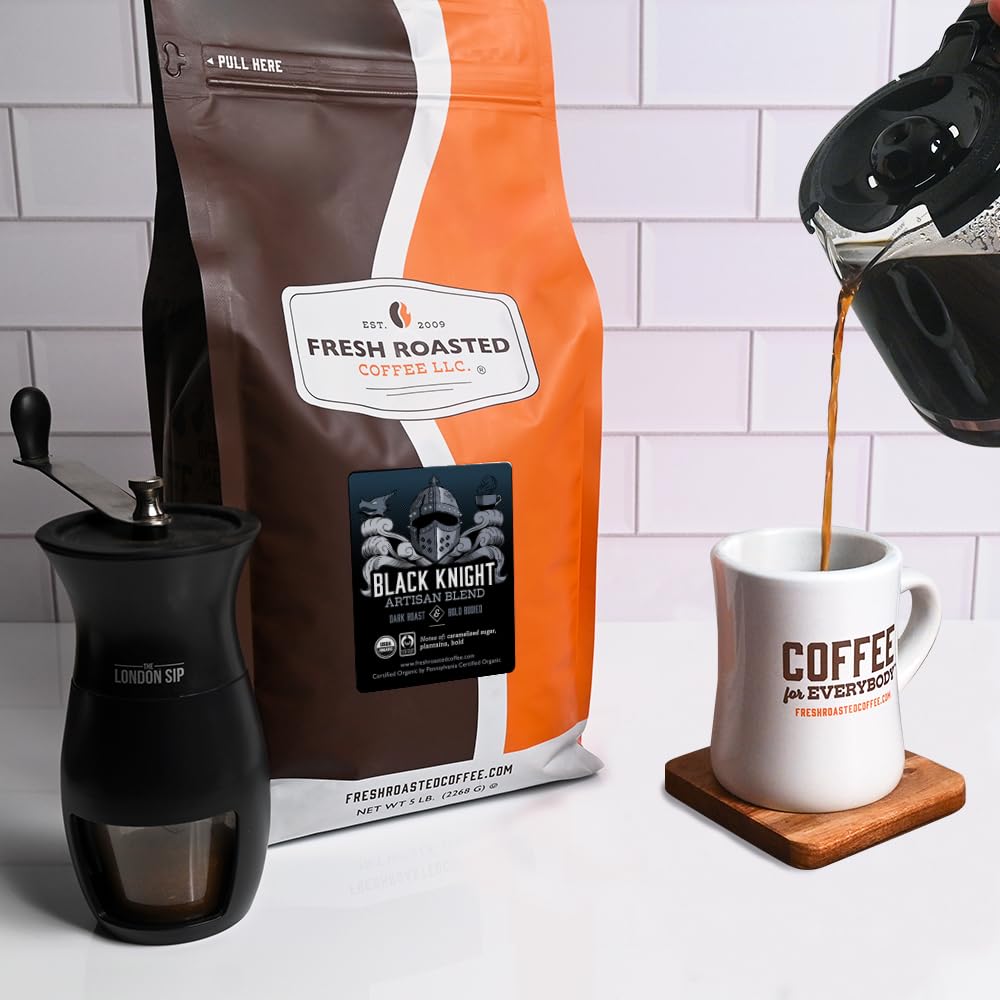 Fresh Roasted Coffee, Organic Black Knight | USDA Organic, Kosher | Dark Roast 5 lb (80 oz) Ground