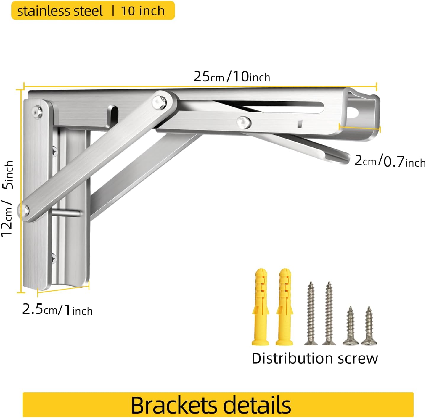 10 Inch Folding Shelf Brackets, 2 Pack Collapsible Heavy Duty Shelf Brackets for Fold Down Desk, Stainless Steel