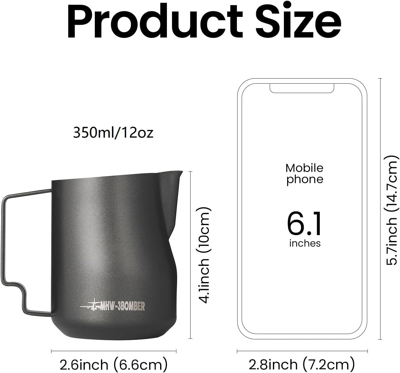MHW-3BOMBER Milk Frothing Pitcher 12oz Milk Frother Cup Espresso Steaming Pitcher Stainless Steel Milk Frother Cup Barista Latte Art Round Spout Milk Jug, Black P6007MB-OS