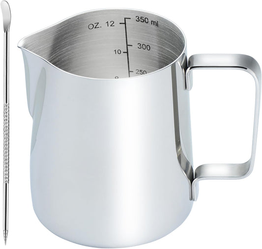 CAMKYDE Stainless Steel Milk Frothing Pitcher 12 oz, Espresso Steaming Pitcher with Decorating Pen for Espresso Machines, Cappuccino, Latte Art (Silver)