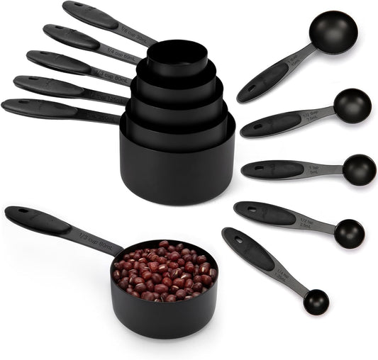 Joyhill Measuring Cups and Spoons Set of 10 Piece, Stainless Steel Measuring Cups with Soft Touch Silicone Handles, Nesting Metal Measuring Cup for Dry & Liquid Ingredients, Cooking & Baking (Black)