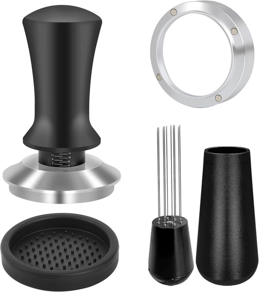 Coffee Espresso Tamper with WDT Tool, Coffee Press with Silicone Mat, 100% Flat Stainless Steel Base Tamper for Espresso Coffee Machine (Black5, 51mm)