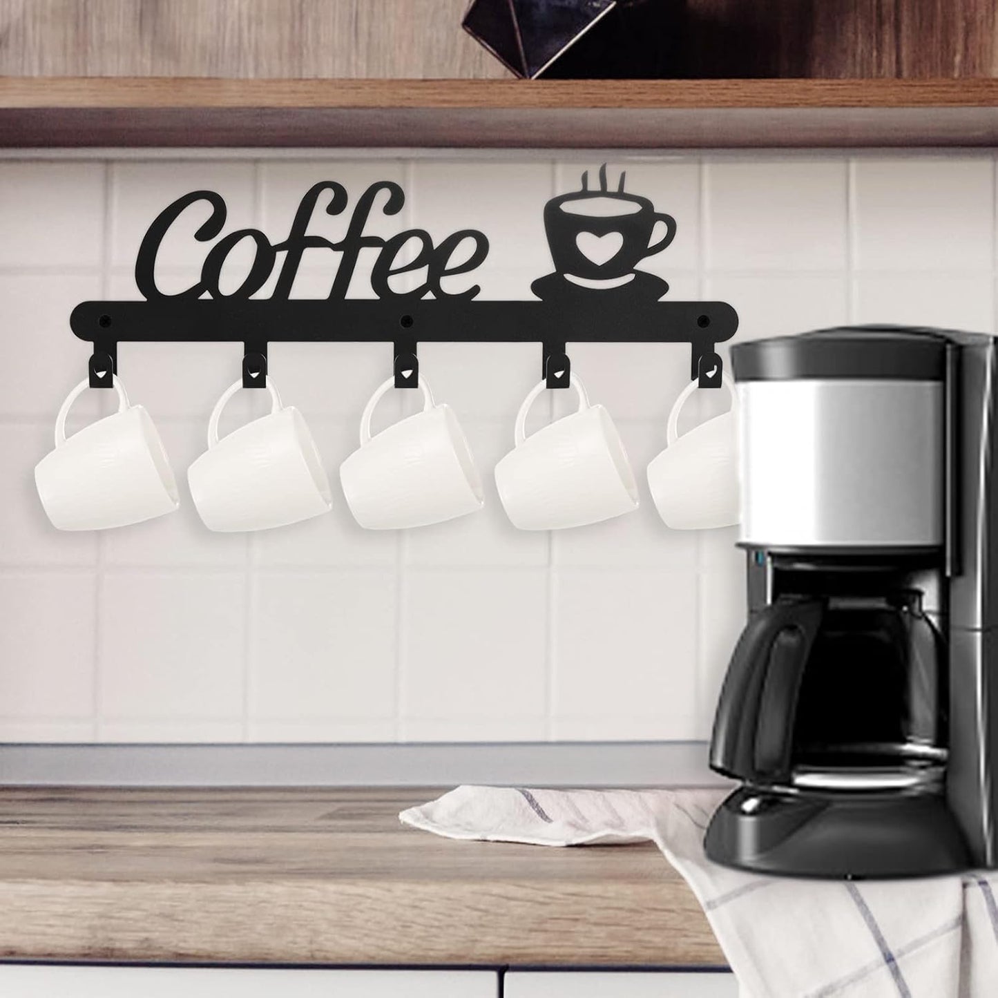 TOPZEA Wall Mounted Coffee Mug Holder, Metal Cups Rack with 5 Hooks Mugs Storage Hanger, Space Saving Hanging Organizer for Kitchen, Bar Station Accessories, Coffee Sign Decor