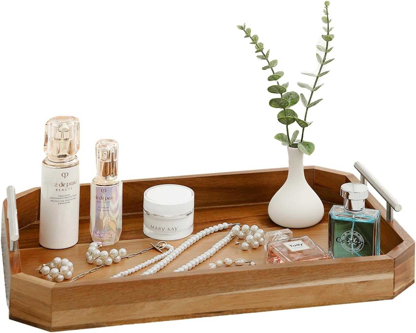 Wooden Serving Tray with Handles – Premium Acacia Wood Tray for Couch, Coffee Table, Ottoman, or Bar – Rustic Walnut & Dark Wood Serving for Drinks, Snacks, Breakfast, and Meal